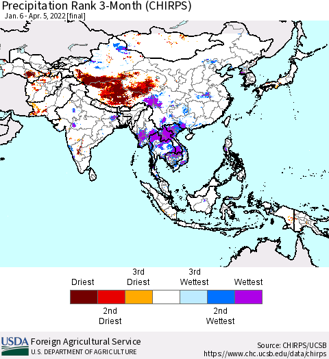 Asia Precipitation Rank since 1981, 3-Month (CHIRPS) Thematic Map For 1/6/2022 - 4/5/2022