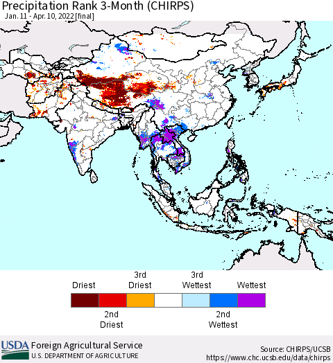 Asia Precipitation Rank since 1981, 3-Month (CHIRPS) Thematic Map For 1/11/2022 - 4/10/2022