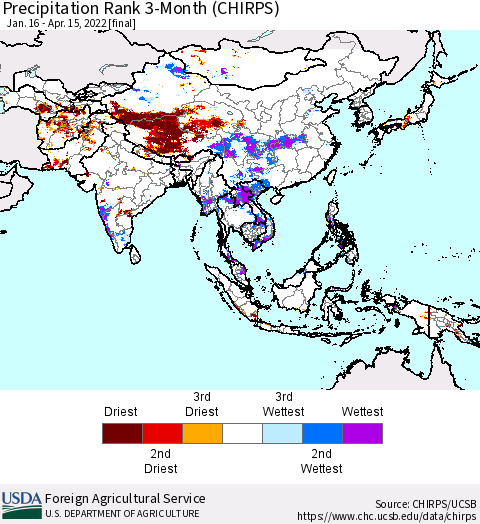 Asia Precipitation Rank since 1981, 3-Month (CHIRPS) Thematic Map For 1/16/2022 - 4/15/2022