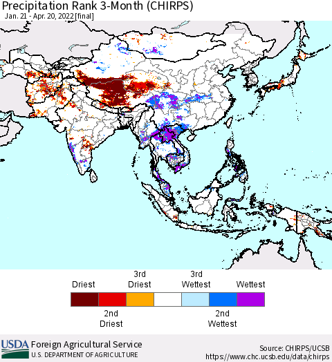 Asia Precipitation Rank since 1981, 3-Month (CHIRPS) Thematic Map For 1/21/2022 - 4/20/2022