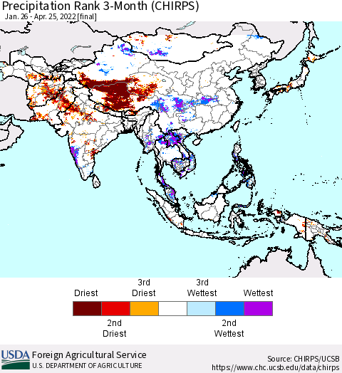Asia Precipitation Rank since 1981, 3-Month (CHIRPS) Thematic Map For 1/26/2022 - 4/25/2022