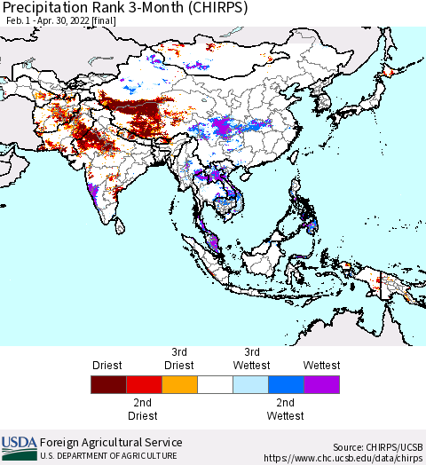 Asia Precipitation Rank since 1981, 3-Month (CHIRPS) Thematic Map For 2/1/2022 - 4/30/2022