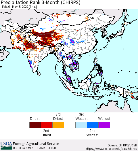 Asia Precipitation Rank since 1981, 3-Month (CHIRPS) Thematic Map For 2/6/2022 - 5/5/2022
