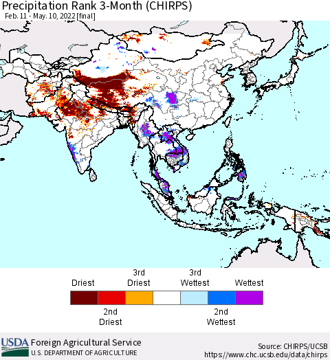 Asia Precipitation Rank since 1981, 3-Month (CHIRPS) Thematic Map For 2/11/2022 - 5/10/2022