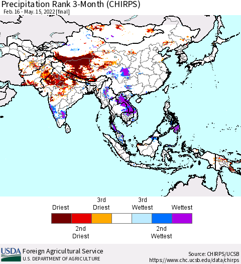 Asia Precipitation Rank since 1981, 3-Month (CHIRPS) Thematic Map For 2/16/2022 - 5/15/2022