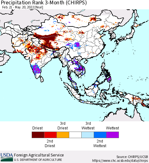 Asia Precipitation Rank since 1981, 3-Month (CHIRPS) Thematic Map For 2/21/2022 - 5/20/2022