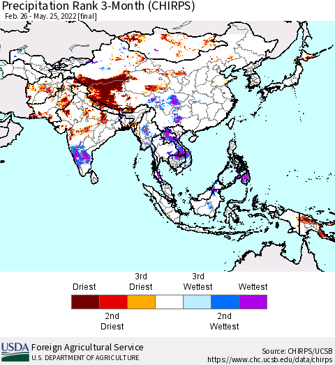 Asia Precipitation Rank since 1981, 3-Month (CHIRPS) Thematic Map For 2/26/2022 - 5/25/2022