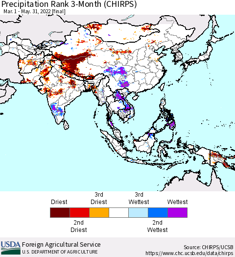 Asia Precipitation Rank since 1981, 3-Month (CHIRPS) Thematic Map For 3/1/2022 - 5/31/2022