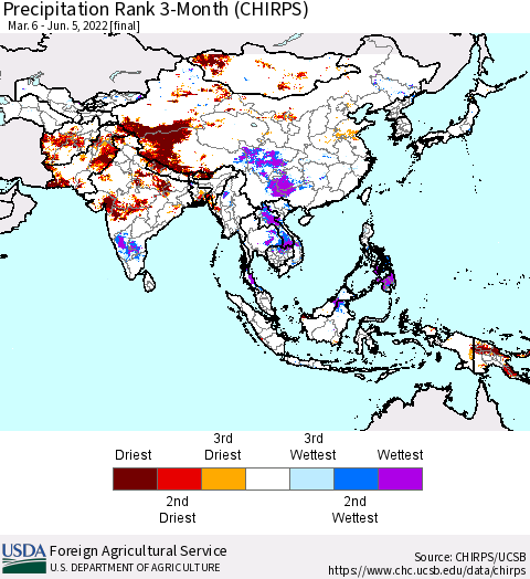 Asia Precipitation Rank since 1981, 3-Month (CHIRPS) Thematic Map For 3/6/2022 - 6/5/2022