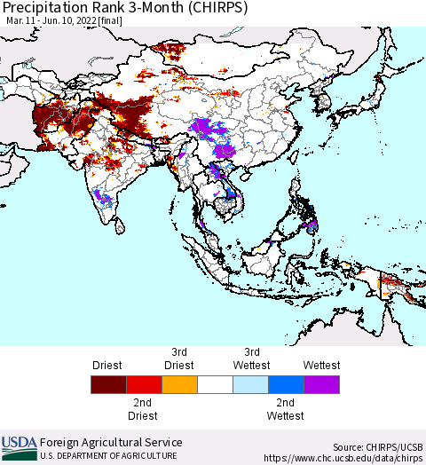 Asia Precipitation Rank since 1981, 3-Month (CHIRPS) Thematic Map For 3/11/2022 - 6/10/2022