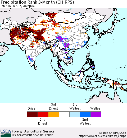 Asia Precipitation Rank since 1981, 3-Month (CHIRPS) Thematic Map For 3/16/2022 - 6/15/2022