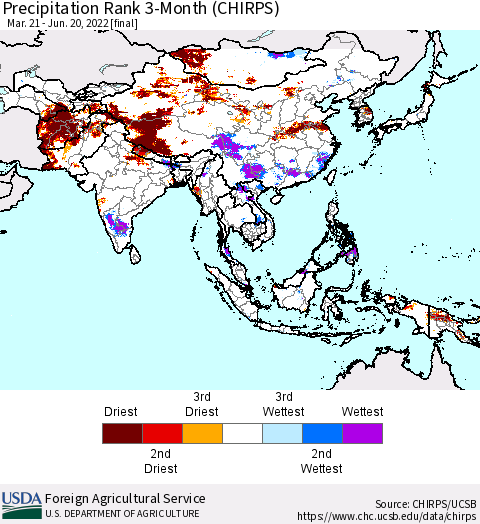 Asia Precipitation Rank since 1981, 3-Month (CHIRPS) Thematic Map For 3/21/2022 - 6/20/2022