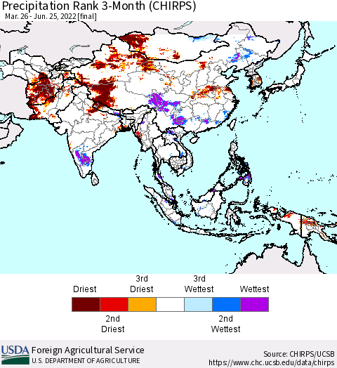 Asia Precipitation Rank since 1981, 3-Month (CHIRPS) Thematic Map For 3/26/2022 - 6/25/2022