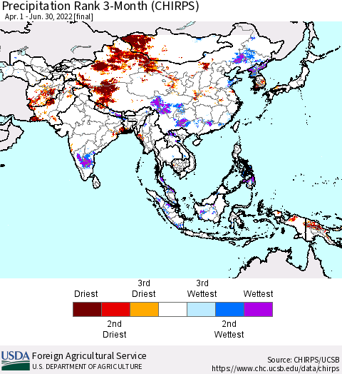 Asia Precipitation Rank since 1981, 3-Month (CHIRPS) Thematic Map For 4/1/2022 - 6/30/2022