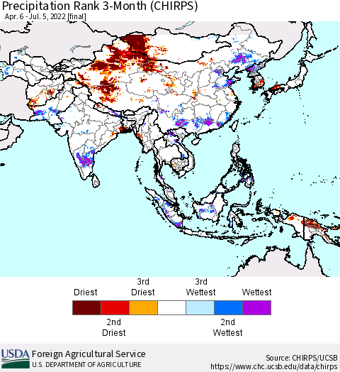 Asia Precipitation Rank since 1981, 3-Month (CHIRPS) Thematic Map For 4/6/2022 - 7/5/2022