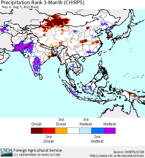 Asia Precipitation Rank since 1981, 3-Month (CHIRPS) Thematic Map For 5/6/2022 - 8/5/2022