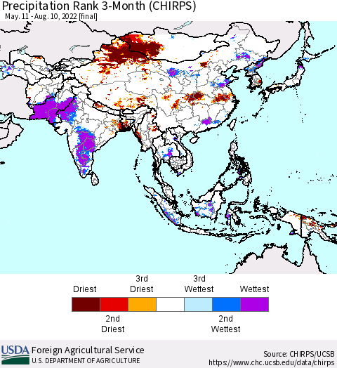 Asia Precipitation Rank since 1981, 3-Month (CHIRPS) Thematic Map For 5/11/2022 - 8/10/2022