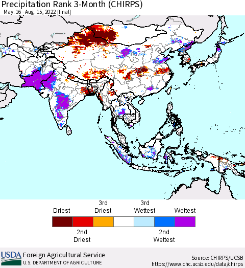 Asia Precipitation Rank since 1981, 3-Month (CHIRPS) Thematic Map For 5/16/2022 - 8/15/2022