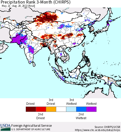 Asia Precipitation Rank since 1981, 3-Month (CHIRPS) Thematic Map For 5/21/2022 - 8/20/2022