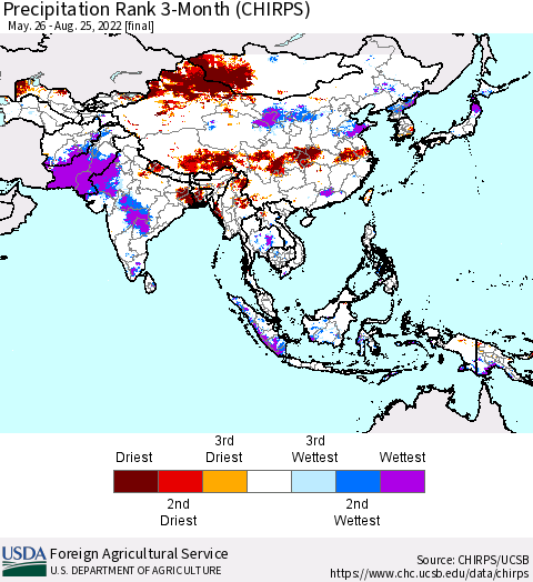 Asia Precipitation Rank since 1981, 3-Month (CHIRPS) Thematic Map For 5/26/2022 - 8/25/2022