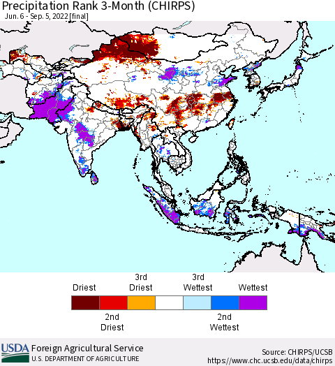 Asia Precipitation Rank since 1981, 3-Month (CHIRPS) Thematic Map For 6/6/2022 - 9/5/2022