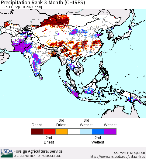 Asia Precipitation Rank since 1981, 3-Month (CHIRPS) Thematic Map For 6/11/2022 - 9/10/2022