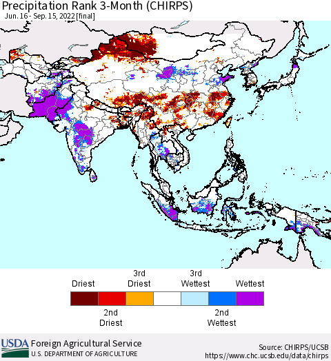 Asia Precipitation Rank since 1981, 3-Month (CHIRPS) Thematic Map For 6/16/2022 - 9/15/2022