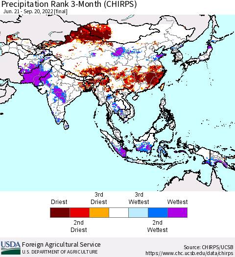 Asia Precipitation Rank since 1981, 3-Month (CHIRPS) Thematic Map For 6/21/2022 - 9/20/2022