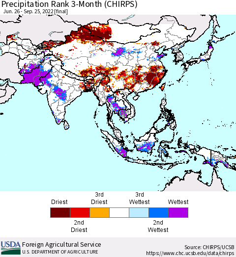 Asia Precipitation Rank since 1981, 3-Month (CHIRPS) Thematic Map For 6/26/2022 - 9/25/2022