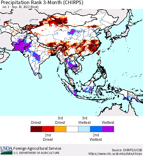 Asia Precipitation Rank since 1981, 3-Month (CHIRPS) Thematic Map For 7/1/2022 - 9/30/2022