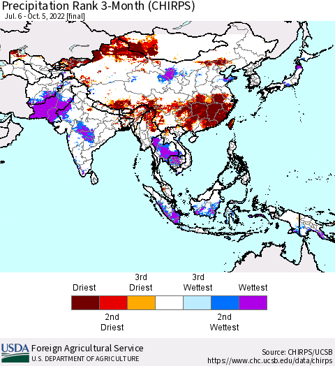 Asia Precipitation Rank since 1981, 3-Month (CHIRPS) Thematic Map For 7/6/2022 - 10/5/2022