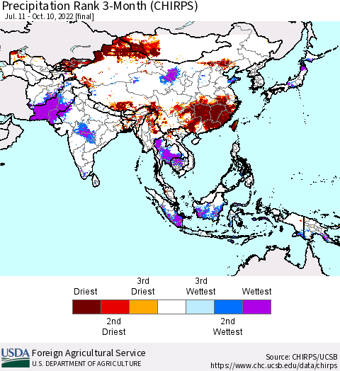 Asia Precipitation Rank since 1981, 3-Month (CHIRPS) Thematic Map For 7/11/2022 - 10/10/2022
