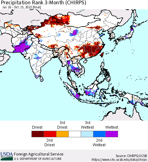 Asia Precipitation Rank since 1981, 3-Month (CHIRPS) Thematic Map For 7/16/2022 - 10/15/2022