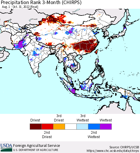 Asia Precipitation Rank since 1981, 3-Month (CHIRPS) Thematic Map For 8/1/2022 - 10/31/2022