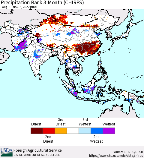 Asia Precipitation Rank since 1981, 3-Month (CHIRPS) Thematic Map For 8/6/2022 - 11/5/2022