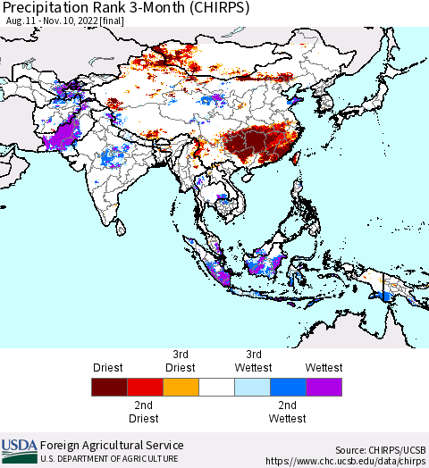 Asia Precipitation Rank since 1981, 3-Month (CHIRPS) Thematic Map For 8/11/2022 - 11/10/2022