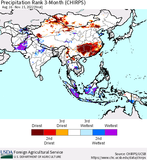 Asia Precipitation Rank since 1981, 3-Month (CHIRPS) Thematic Map For 8/16/2022 - 11/15/2022