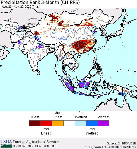 Asia Precipitation Rank since 1981, 3-Month (CHIRPS) Thematic Map For 8/21/2022 - 11/20/2022