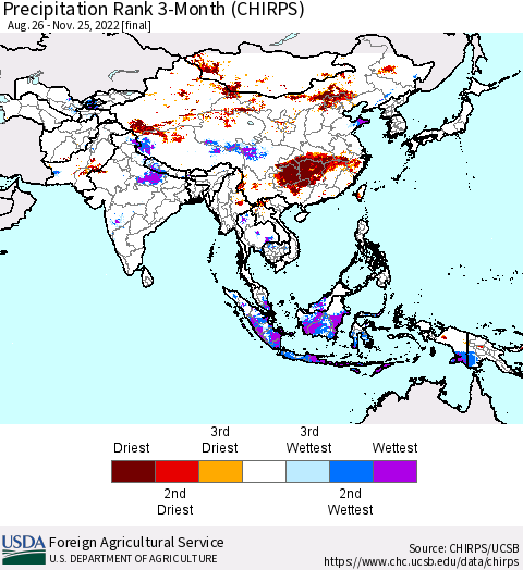 Asia Precipitation Rank since 1981, 3-Month (CHIRPS) Thematic Map For 8/26/2022 - 11/25/2022