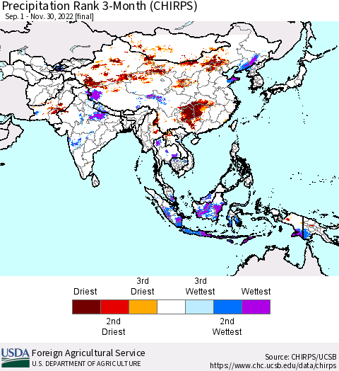 Asia Precipitation Rank since 1981, 3-Month (CHIRPS) Thematic Map For 9/1/2022 - 11/30/2022