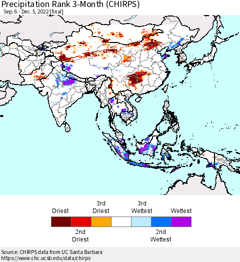 Asia Precipitation Rank since 1981, 3-Month (CHIRPS) Thematic Map For 9/6/2022 - 12/5/2022