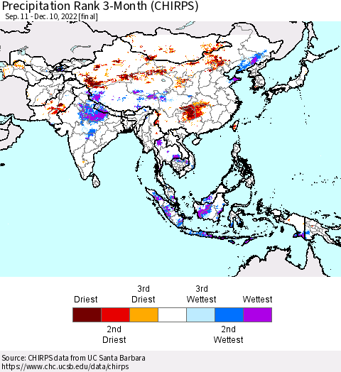 Asia Precipitation Rank since 1981, 3-Month (CHIRPS) Thematic Map For 9/11/2022 - 12/10/2022