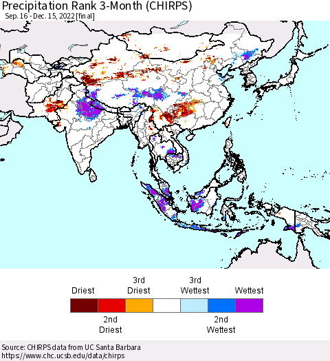 Asia Precipitation Rank since 1981, 3-Month (CHIRPS) Thematic Map For 9/16/2022 - 12/15/2022
