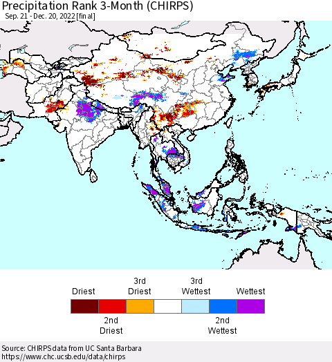 Asia Precipitation Rank since 1981, 3-Month (CHIRPS) Thematic Map For 9/21/2022 - 12/20/2022