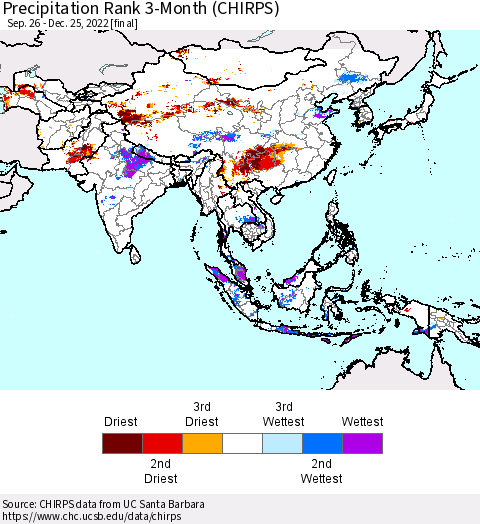 Asia Precipitation Rank since 1981, 3-Month (CHIRPS) Thematic Map For 9/26/2022 - 12/25/2022