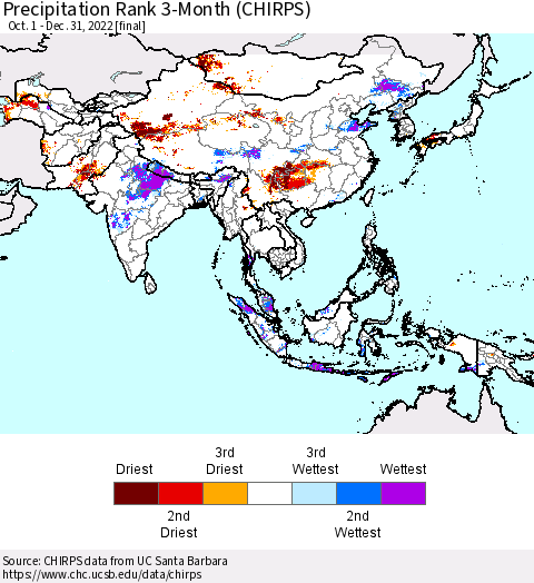Asia Precipitation Rank since 1981, 3-Month (CHIRPS) Thematic Map For 10/1/2022 - 12/31/2022