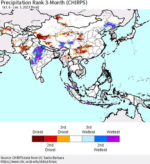 Asia Precipitation Rank since 1981, 3-Month (CHIRPS) Thematic Map For 10/6/2022 - 1/5/2023