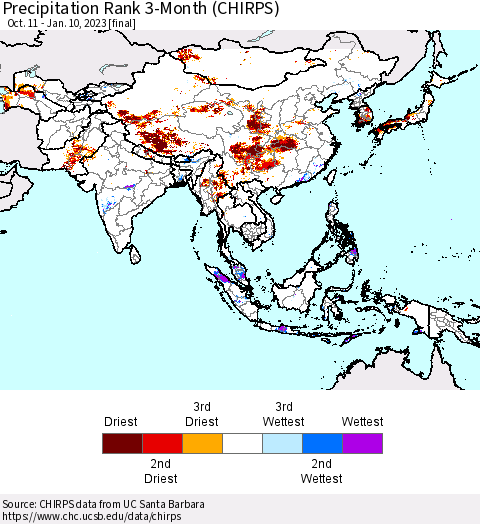 Asia Precipitation Rank since 1981, 3-Month (CHIRPS) Thematic Map For 10/11/2022 - 1/10/2023