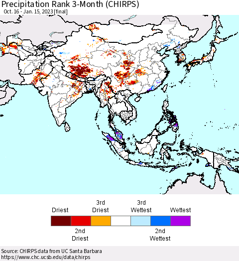 Asia Precipitation Rank since 1981, 3-Month (CHIRPS) Thematic Map For 10/16/2022 - 1/15/2023
