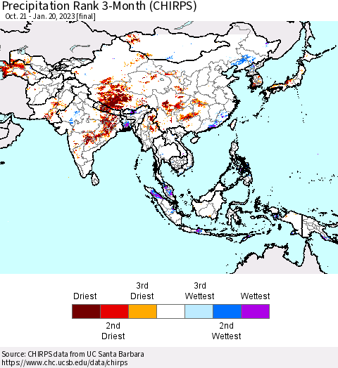 Asia Precipitation Rank since 1981, 3-Month (CHIRPS) Thematic Map For 10/21/2022 - 1/20/2023